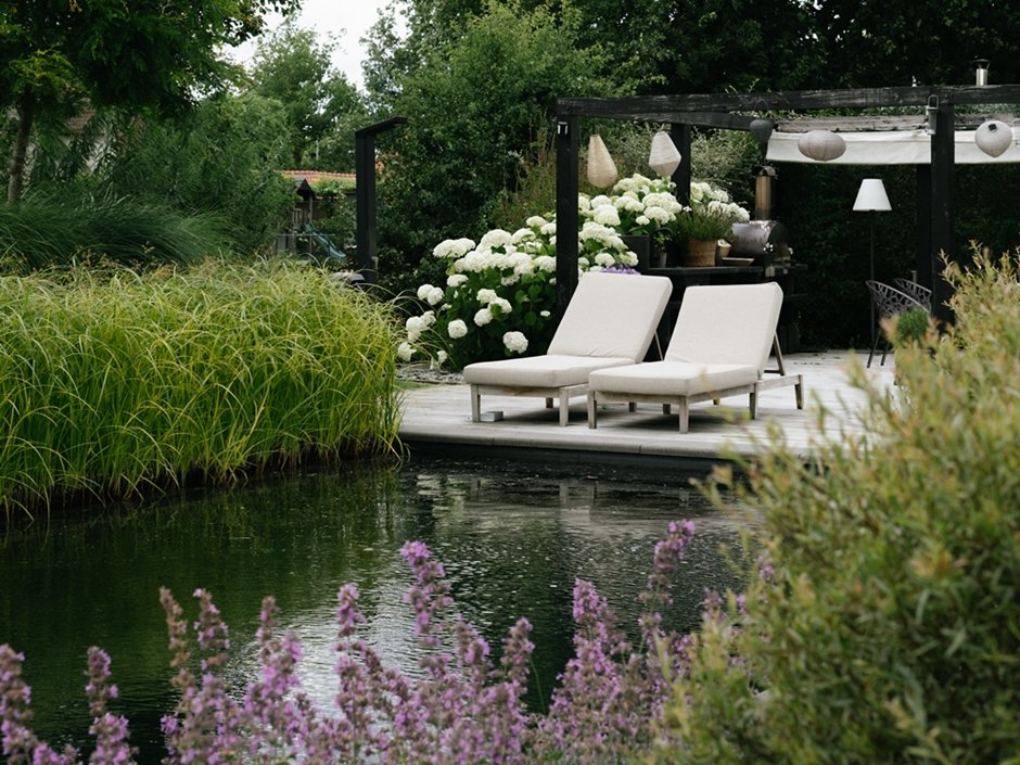 -Vlonderterras met uitzicht over de zwemvijver en het open landschap